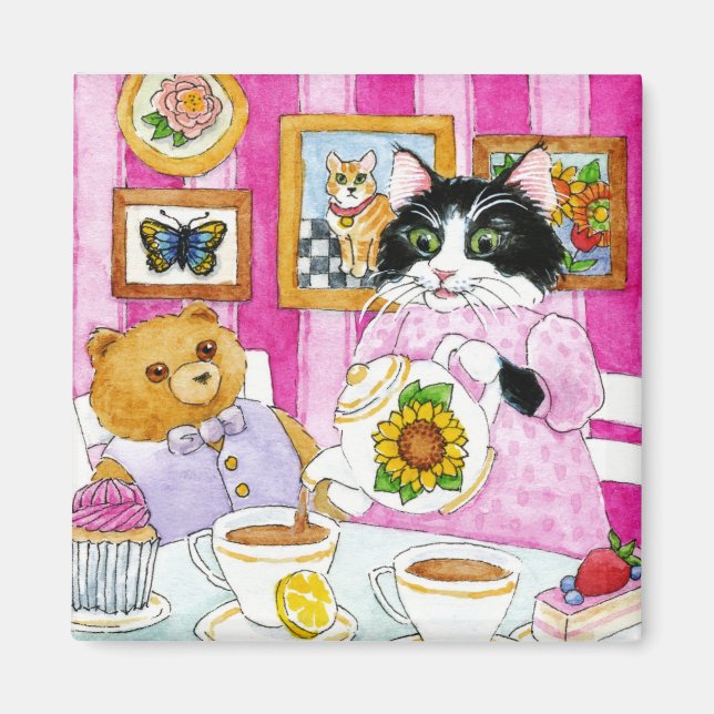 Cute Cat, Nalle, Tea, Cuptårtmagnet Magnet (Framsidan)