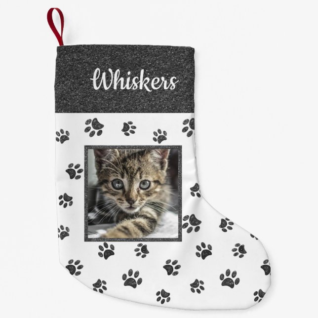 Cute Cat Namn Photo Silver Glitter Tass avtryck Liten Julstrumpa (Framsidan)