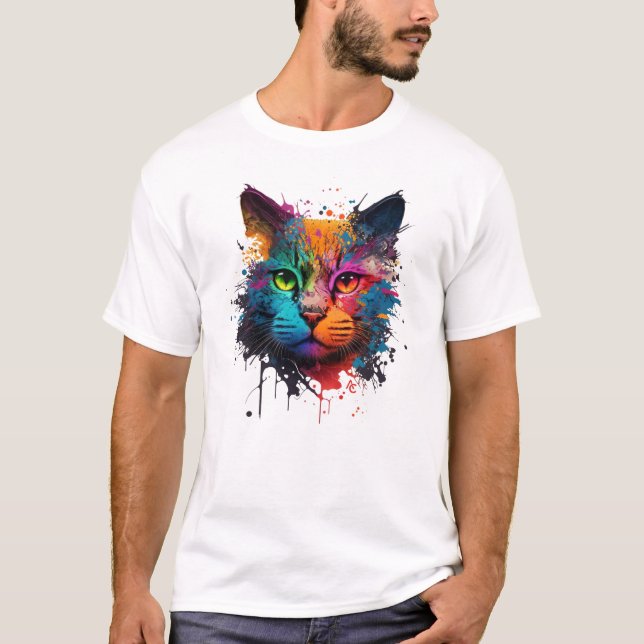 Cute Cat Neon Bläck Stänk T-Shirt (Framsida)