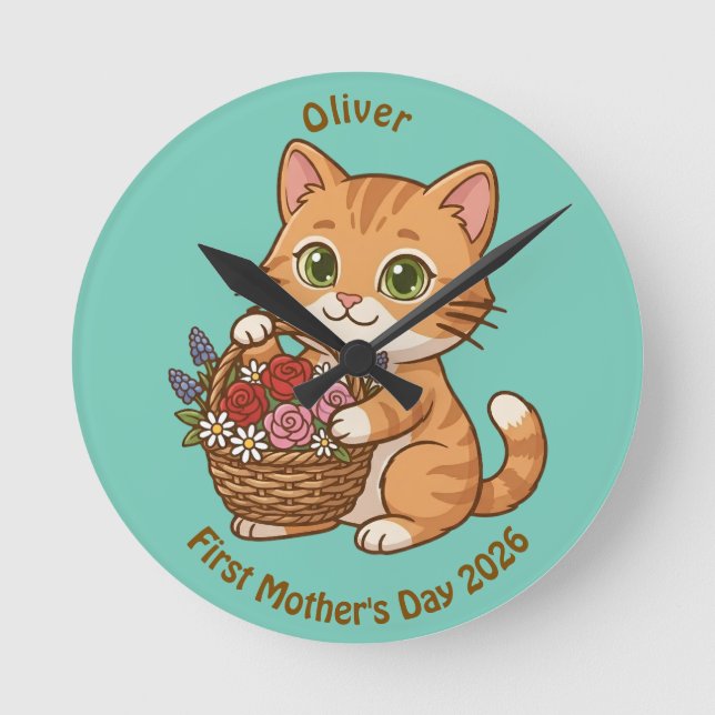 Cute Cat Nursery Wall Clock: Baby Gift Rund Klocka (Framsida)