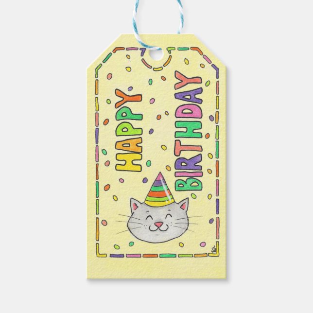 Cute Cat och Confetti Grattis på födelsedagen Presentetikett (Framsidan)