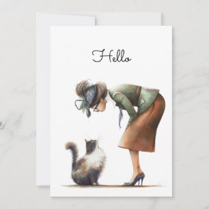 Cute Cat och Dam Whimsical Hej Flat Kort