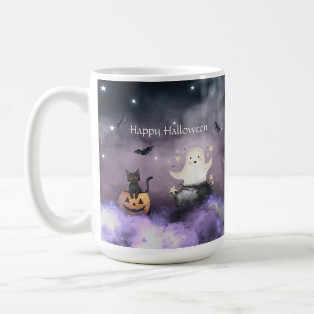 Cute Cat och Ghost Halloween Kaffemugg (Vänster)