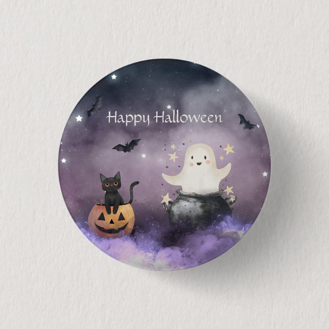 Cute Cat och Ghost Halloween Knapp (Framsida)