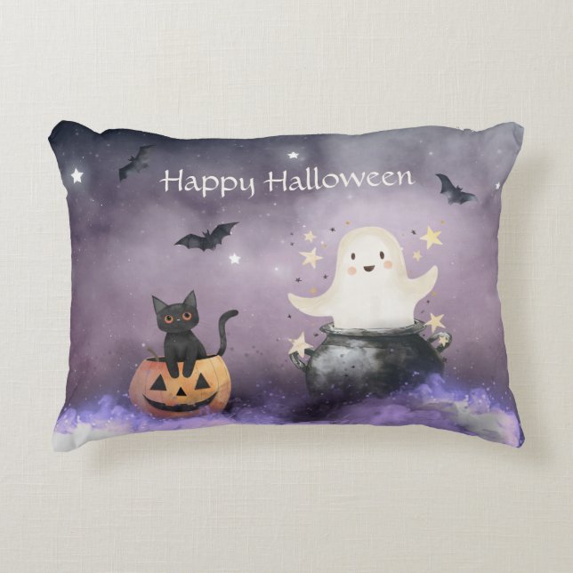 Cute Cat och Ghost Halloween Prydnadskudde (Framsidan)