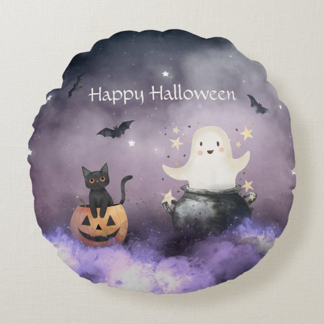 Cute Cat och Ghost Halloween Rund Kudde (Framsidan)