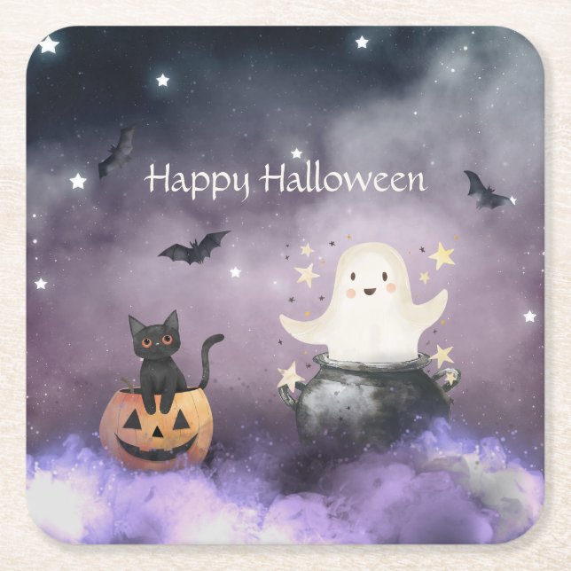 Cute Cat och Ghost Halloween Underlägg Papper Kvadrat (Framsidan)