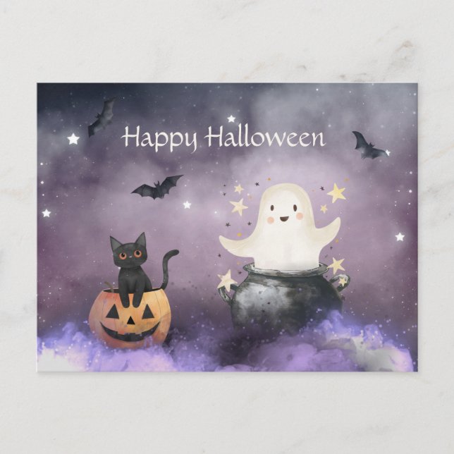 Cute Cat och Ghost Halloween Vykort (Framsida)