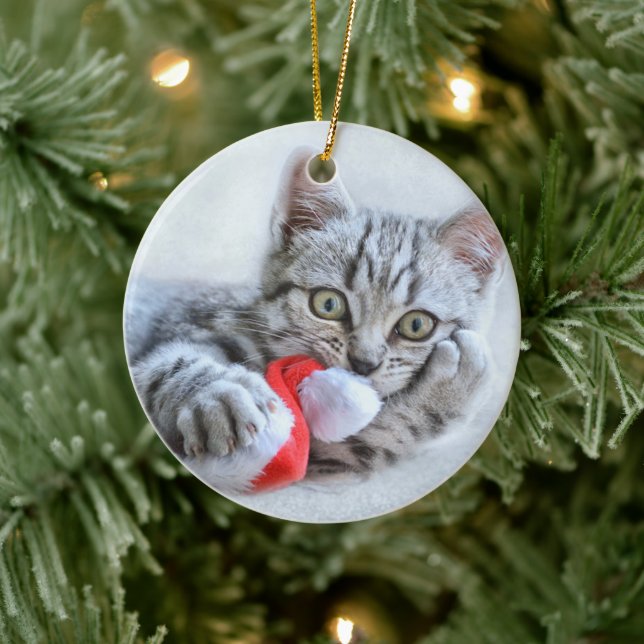 Cute Cat och Jultomten Hat Julgransprydnad Keramik (Träd)