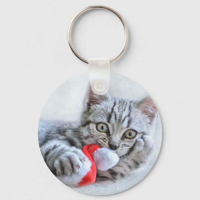 Cute Cat och Jultomten Hat Nyckelring (Framsida)