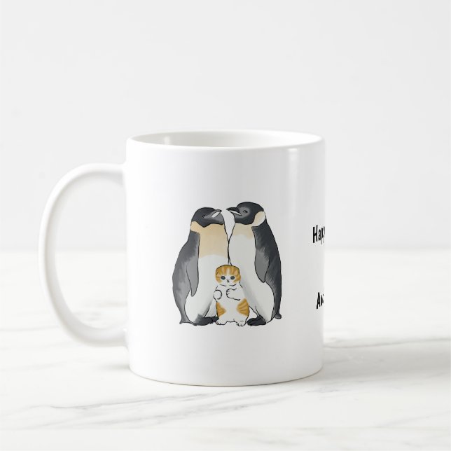 Cute Cat och Penguin, för katthölje Kaffemugg (Vänster)