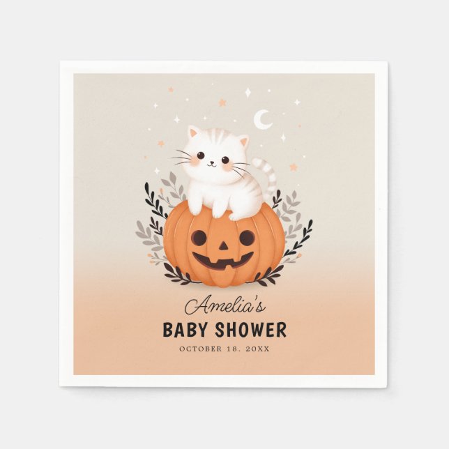 Cute Cat och Pumpkin Halloween Baby Shower Pappersservett (Framsidan)