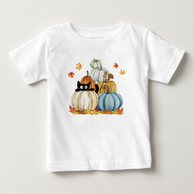 Cute Cat och Pumpkins Halloween och Thanksgiving T Shirt (Framsida)