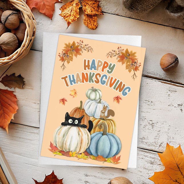 Cute Cat och Retro Pumpkins Happy thanksgiving Julkort (Skapare uppladdad)