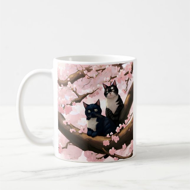 Cute Cat on a Cherry Blommar Träd Kaffemugg (Vänster)