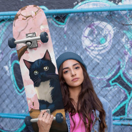Cute Cat on a Cherry Blommar Träd Mini Skateboard Bräda 18,5 Cm