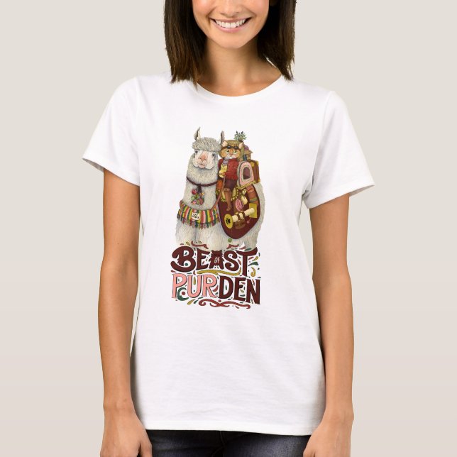 Cute Cat on a Llama Beast Purden Art T Shirt (Framsida)