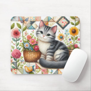 Cute Cat on Blommigt Quilt Cottagecore Art Musmatta