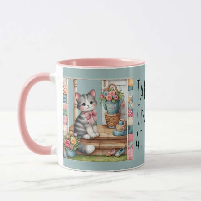 Cute Cat on Porch Flowers Patchwork Mugg (Vänster)