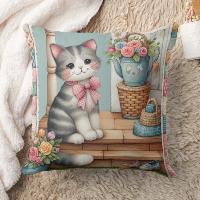 Cute Cat on Porch with Flowers & Patchwork Kudde (Filt)