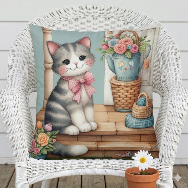 Cute Cat on Porch with Flowers & Patchwork Kudde (Porch Kitty Floral Patchwork Scene Throw Pillow Mockup A)