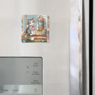 Cute Cat on Porch with Flowers & Patchwork Magnet