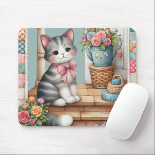 Cute Cat on Porch with Flowers & Patchwork Musmatta