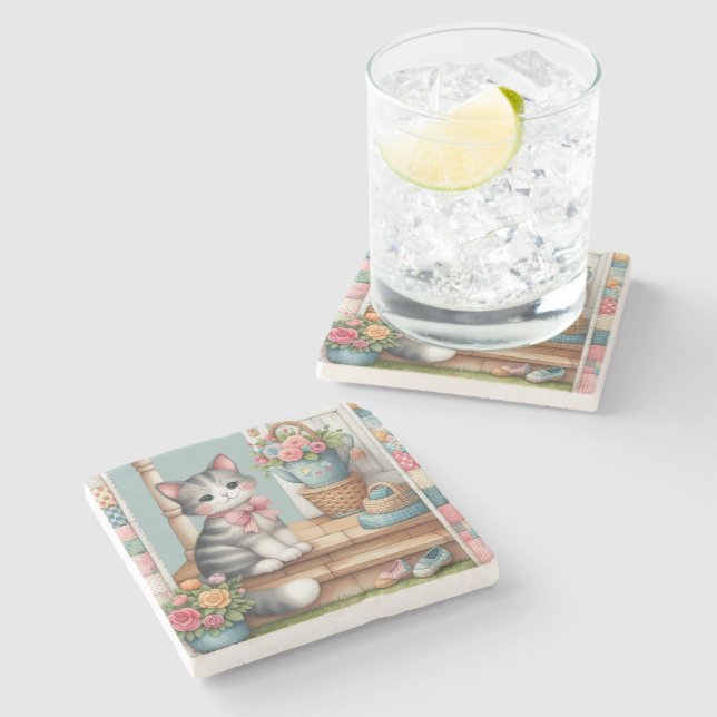 Cute Cat on Porch with Flowers & Patchwork Stenunderlägg (Sidan)