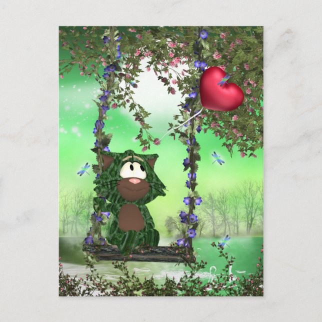 Cute Cat on Swing Postcard - vykort för Söt (Framsida)