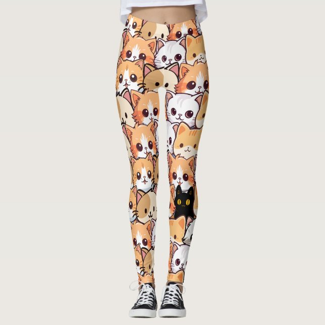Cute cat orange kitten pet Seamless Mönster Leggings (Framsida)