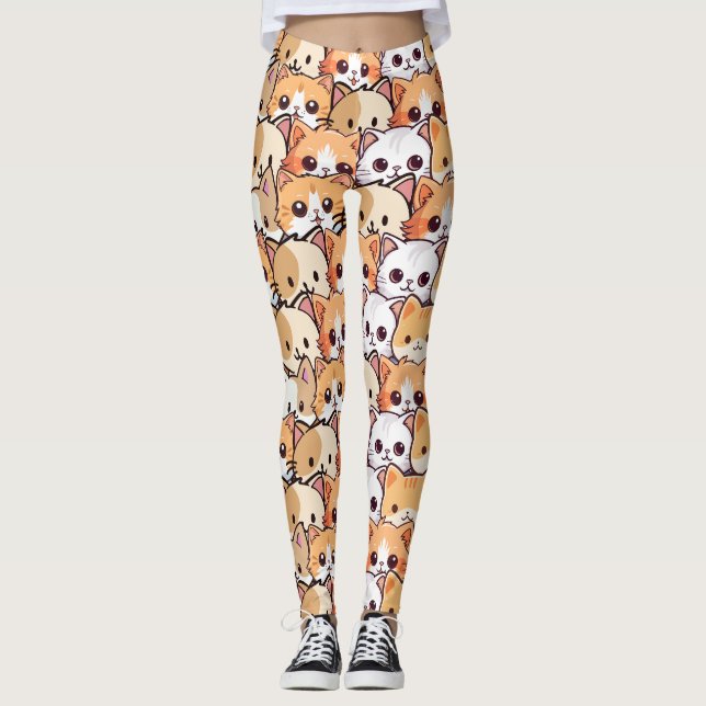 Cute cat orange kitten pet Seamless Mönster Leggings (Framsida)