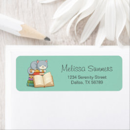 Cute Cat ovanpå en Bok-stapel på Grönt Returadress Etikett