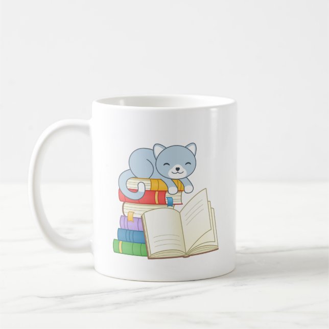 Cute Cat ovanpå en läsoffert för påsen Bok Kaffemugg (Vänster)