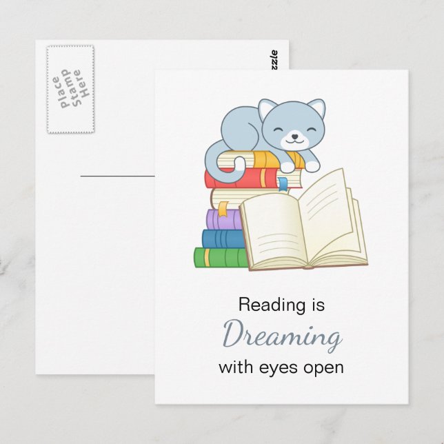 Cute Cat ovanpå en läsoffert för påsen Bok Vykort (Fram/baksida)