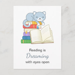 Cute Cat ovanpå en läsoffert för påsen Bok Vykort