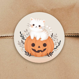 Cute Cat på en pumpkin Halloween Illustration Runt Klistermärke