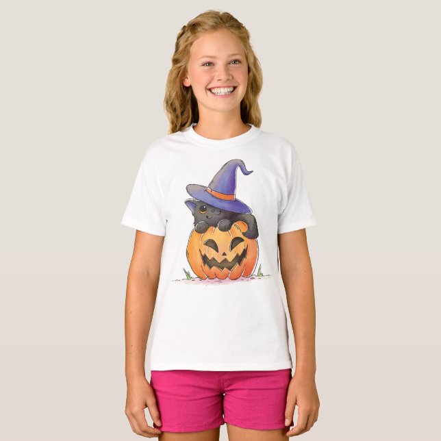 Cute Cat på en Pumpkin Halloween | Shirt Tee Shirt (Hel framsida)