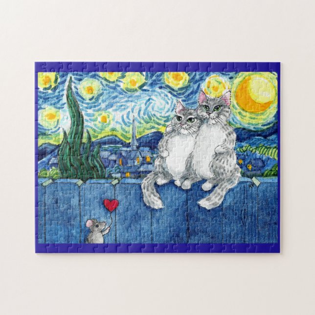 Cute cat-par, mus Starry Night-pussel Pussel (Horisontell)
