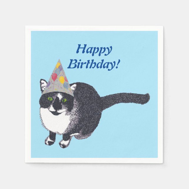 Cute Cat Party Hat Grattis på födelsedagen Napkins Pappersservett (Framsidan)