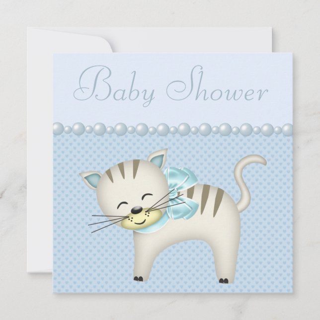 Cute Cat, Pearls & Heards Blue Pojke Shower Inbjudningar (Framsida)