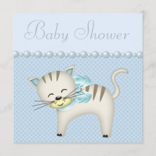 Cute Cat, Pearls & Heards Blue Pojke Shower Inbjudningar