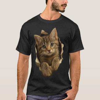 Cute Cat Peeking Through Paper Design T Shirt