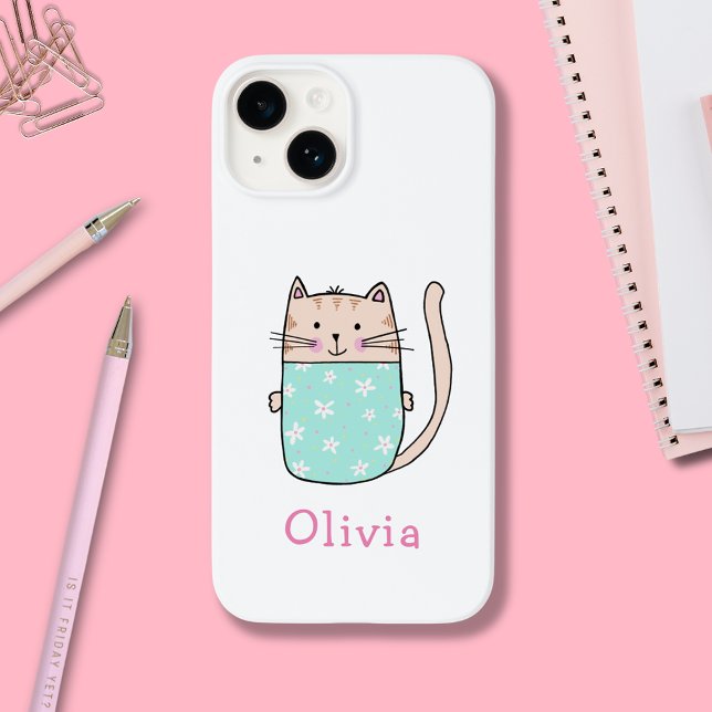 Cute Cat Personlig Namn 1 (Cute illustrated cat iPhone case cover with personalized name)