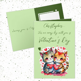Cute cat personlig namn grönt Valentine Day Kort