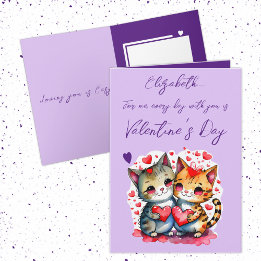 Cute cat personlig namn lila Valentine Day Kort