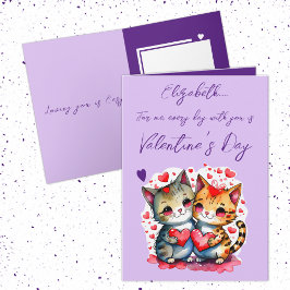 Cute cat personlig namn lila Valentine Day Kort