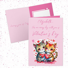 Cute cat personlig namn rosa Valentine Day Kort