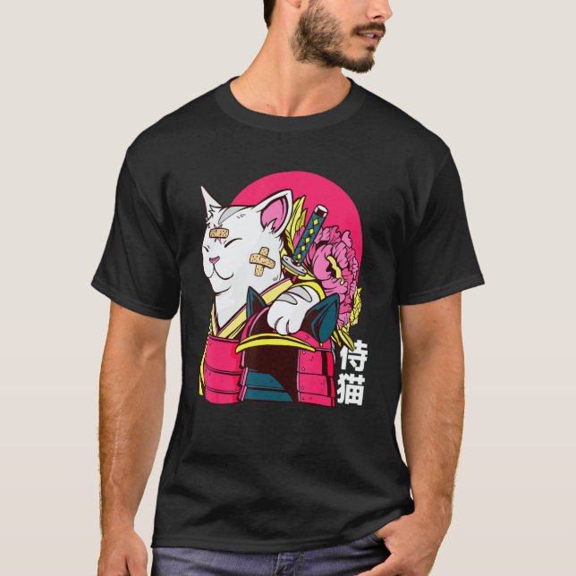 Cute Cat Pet Ninja Samurai Japanese Kanji Design T Shirt (Framsida)