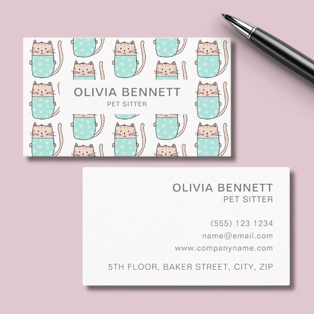 Cute Cat Pet-plats Visitkort (Cat themed pet sitter professional business card.  Easily edit online with your own details.)