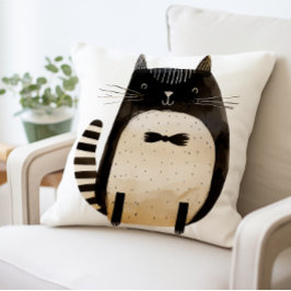 Cute Cat Pillow, Black and White Cat Kudde